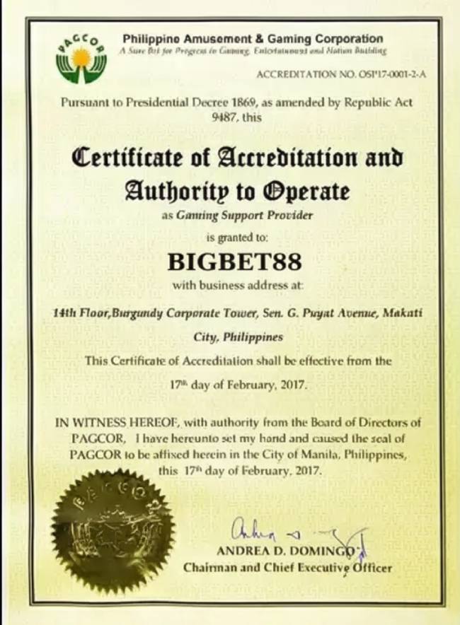 Bigbet88 25 Giấy phép hoạt động nhà cái Bigbet88 do PAGCOR cấp